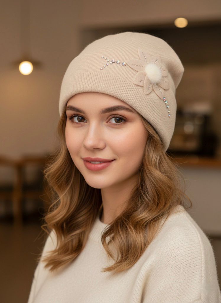 GORRO FLOR PERLAS BEIGE H1505