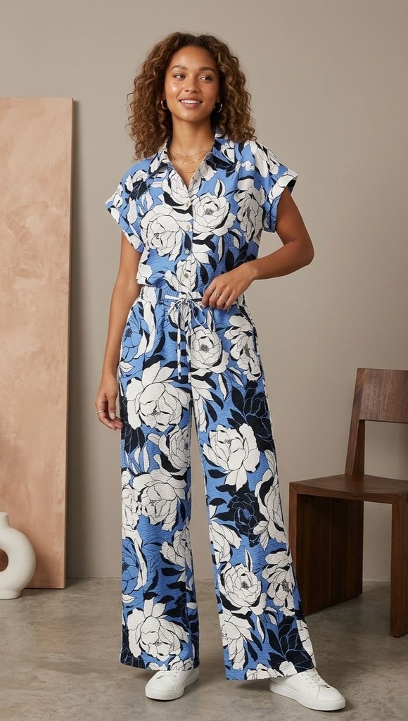 HOPE&HARLOW SET BLUSA-PANTA. AZUL FLRS HT81VZCM9