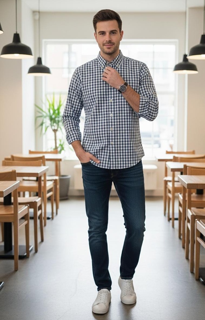 BANANA CAMISA AZUL CUADRIC.BLC-GRIS-