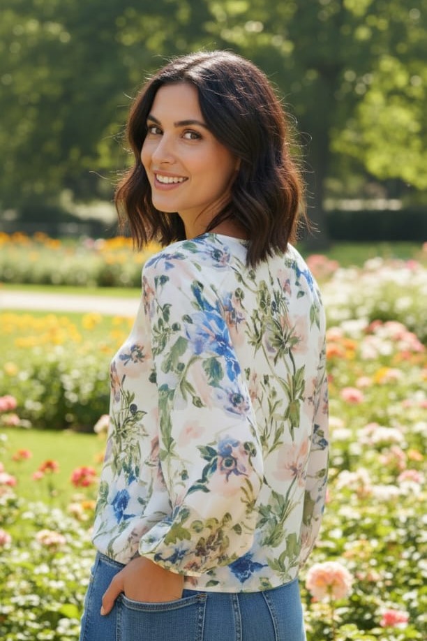 TAHARI BLUSA CREMA FLRS AZUL-VERDE TJM825