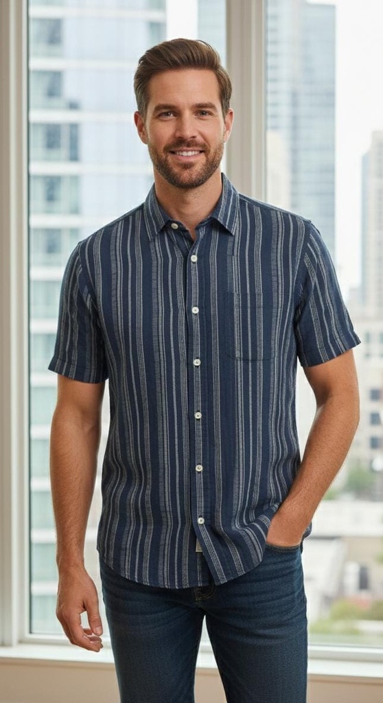 BANANA CAMISA AZUL RAYAS BEIGE HOMBRE