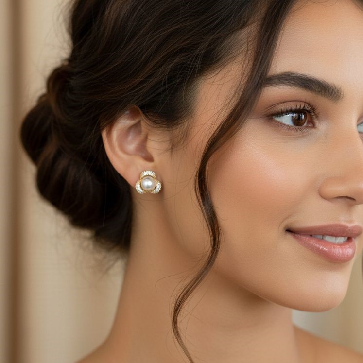 ARETES ENCHAPE ROSA PERLA BRILLATE