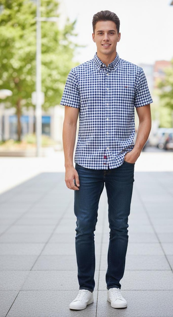 TOMMY CAMISA CUADRIC. AZUL M-BLANCO 78JB100