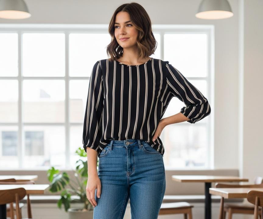 ADRIANNA PAPELL BLUSA M.NEGRO RAYAS BEIGE  AD1S300462