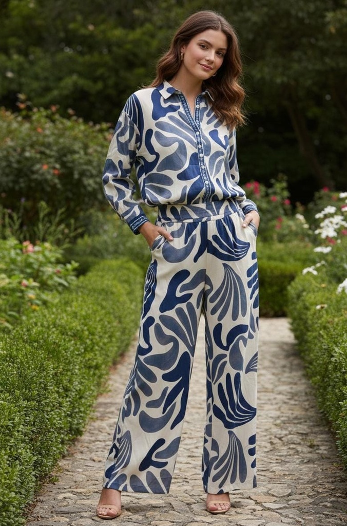 FASHION SCAPE BLUSA-PANT.BEIGE-AZUL ZZ5703