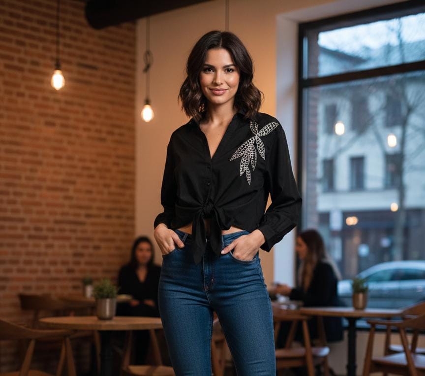 MILK&HONEY BLUSA NEGRO HOJAS BRILLANTES 40877T