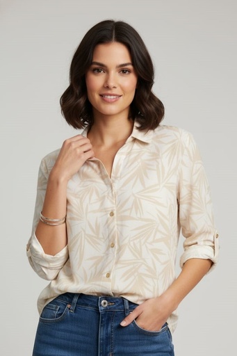 [1089377] ANNE KLEIN BLUSA BEIGE HOJAS KAKHI
