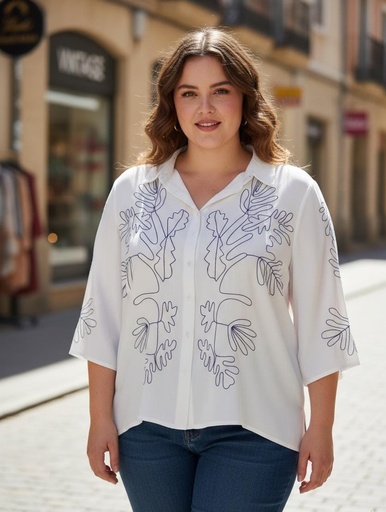 [3389] COLETTE BLUSA BLANCO FLOR AZUL PLUS