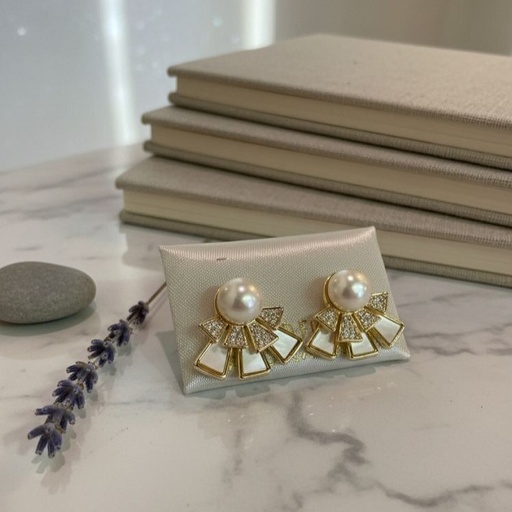 [AE0318] ARETES ENCHAPE DRD ABANICO PERLA