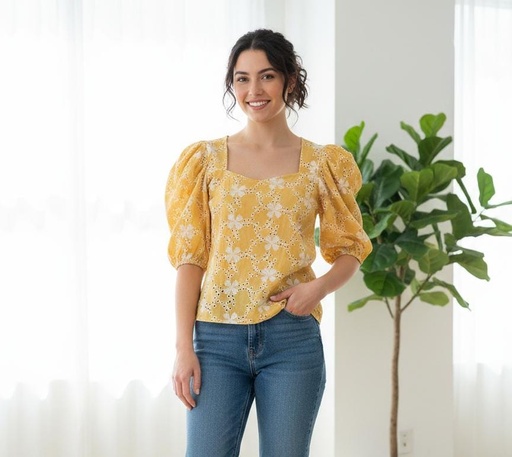 [TX6764M] PASTEL BLUSA MUJER MOSTAZA-FLRS BLC