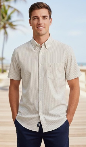 [W5511T] NAUTICA CAMISA BEIGE RAYAS BLANCO