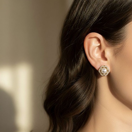 [AE0252] ARETES ENCHAPE FLORS PERLA-BRILLANTE