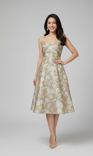 [LM1097] MANIJU VESTIDO CHAMP.FLRS VERDE LARGO