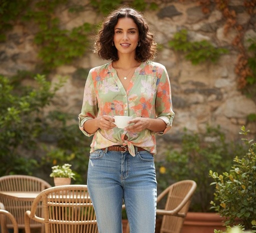 [NT814N8M9] HOPE&HARLOW BLUSA VERDE L. FLORES CLRS