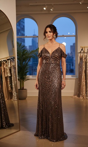 [21917A] NW VESTIDO MOCHA BRILLANTE LARGO MUJER