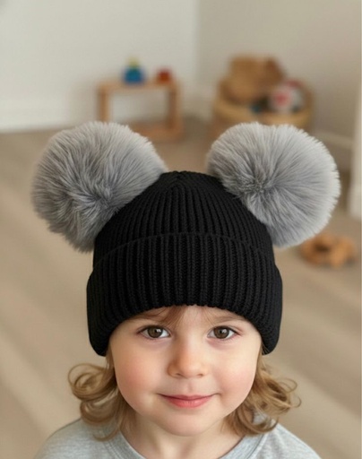 [K009NG] GORRO NEGRO-GRIS NIÑ@S C/OREJAS