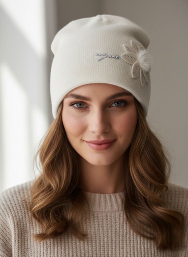 [H1505] GORRO FLOR PERLAS BEIGE H1505