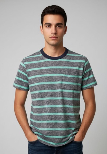 [08257673044048] CAMISETA RAYAS VERDE-GRIS HOMBRE