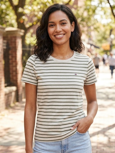 [XW06811] TOMMY CAMISETA BEIGE-VERDE OLIVO MUJER XW06811